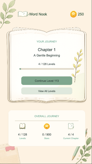 Word Nook gameplay showing category slots, word cards, and temporary slots